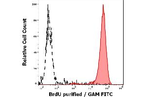 Separation of human BrdU positive cells (red-filled) from cellular debris (black-dashed) in flow cytometry analysis (intracellular staining) of BrdU incorporated K562 cells stained using anti-BrdU (Bu20a) purified antibody (concentration in sample 4 μg/mL, GAM FITC). (BrdU Antikörper)