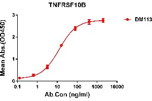 ELISA plate pre-coated by 2 μg/mL (100 μL/well) Human TNFRSF10B protein, mFc tagged protein ((ABIN6961152, ABIN7042333 and ABIN7042334)) can bind Rabbit anti-TNFRSF10B monoclonal antibody(clone: DM113) in a linear range of 0. (TNFRSF10B Antikörper  (AA 56-186))