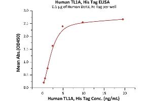 Immobilized Human DcR3, Fc Tag (ABIN2181857,ABIN6938914) at 5 μg/mL (100 μL/well) can bind Human TL1A, His Tag (ABIN6973282) with a linear range of 0. (TNFSF15 Protein (AA 72-251) (His tag))