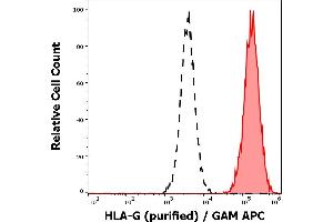Separation of HLA-G transfected LCL cells (red-filled) from K562 cells (black-dashed) in flow cytometry analysis (surface staining) using anti-human HLA-G (01G) purified antibody (concentration in sample 16 μg/mL) GAM APC. (HLAG Antikörper)