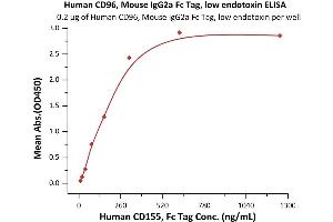 Immobilized Human CD96, Mouse IgG2a Fc Tag, low endotoxin (ABIN5674625,ABIN6253540) at 2 μg/mL (100 μL/well) can bind Human CD155, Fc Tag (ABIN2870620,ABIN2870621) with a linear range of 20-312 ng/mL (QC tested). (CD96 Protein (CD96) (AA 22-503) (Fc Tag))