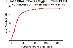 ELISA plate pre-coated by 2 μg/mL (100 μL/well) Human CD47, mFc-His tagged protein (ABIN6961081) can bind its native ligand Human SIRPα, hFc-His tagged protein (ABIN6961082) in a linear range of 3. (CD47 Protein (CD47) (mFc-His Tag))
