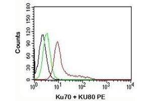 FACS testing of K562 cells: Black=cells alone; Green=isotype control; Red=Ku70 + Ku80 antibody PE conjugate (Ku70 + Ku80 Antikörper)