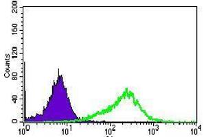 Flow cytometric analysis of HepG2 cells using ALPI mouse mAb (green) and negative control (purple). (Intestinal Alkaline Phosphatase Antikörper  (AA 397-458))