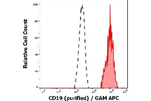 Separation of human CD19 positive lymphocytes (red-filled) from neutrofil granulocytes (black-dashed) in flow cytometry analysis (surface staining) of peripheral whole blood stained using anti-human CD19 (LT19) purified antibody (concentration in sample 0,33 μg/mL, GAM APC).