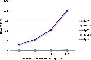 ELISA plate was coated with purified rat IgG1, IgG2a, IgG2b, IgG2c, and IgM. (Maus anti-Ratte IgG2a Antikörper (Alkaline Phosphatase (AP)))