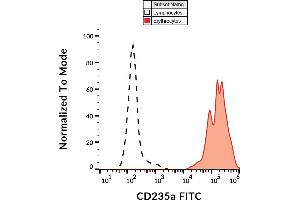 Flow cytometry analysis (surface staining) of human peripheral blood with anti-CD235ab (HIR2) FITC. (CD235ab Antikörper  (N-Term) (FITC))