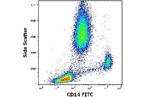Flow cytometry surface staining pattern of human peripheral whole blood stained using anti-human CD14 (MEM-15) FITC antibody (concentration in sample 3 μg/mL). (CD14 Antikörper  (FITC))