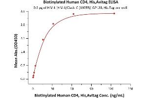 Immobilized HIV-1 [HIV-1/Clade C (16055)] GP120, His Tag (4) at 5 μg/mL (100 μL/well) can bind Biotinylated Human CD4, His,Avitag (ABIN5674592,ABIN6253670) with a linear range of 1-16 ng/mL (Routinely tested).