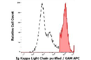 Separation of human Ig Kappa Light Chain positive lymphocytes (red-filled) from Ig Kappa Light Chain negative lymphocytes (black-dashed) in flow cytometry analysis (surface staining) of human peripheral whole blood stained using anti-human Ig Kappa Light Chain (MEM-09) purified antibody (concentration in sample 3 μg/mL) GAM APC. (kappa Light Chain Antikörper)