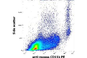Flow cytometry surface staining pattern of murine peritoneal fluid cell suspension stained using anti-mouse CD11b (M1/70) PE antibody (concentration in sample 0,1 μg/mL).