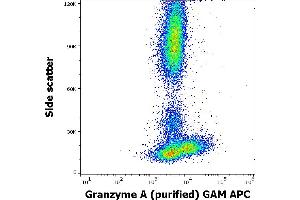 Flow cytometry intracellular staining pattern of human peripheral whole blood stained using anti-human Granzyme A (CB9) purified antibody (concentration in sample 5,0 μg/mL, GAM APC). (GZMA Antikörper)