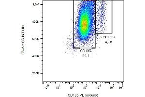 Flow cytometry analysis (surface staining) of CD105 in murine bone marrow with anti-CD105 (MJ7/18) PE.