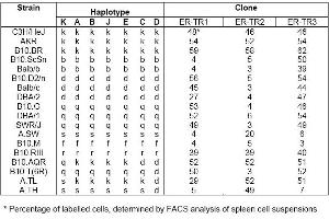 Distribution of ER-TR1, ER-TR2 and ER-TR3 among mouse strains with independent and recombinant haplotypes* (MHC Class II Antigen I Ak,d,b,q,r Antikörper (Biotin))