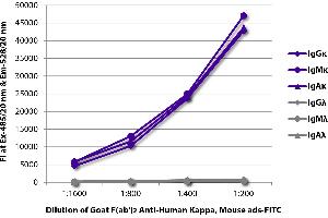 FLISA plate was coated with purified human IgGκ, IgMκ, IgAκ, IgGλ, IgMλ, and IgAλ. (Ziege anti-Human Immunoglobulin kappa Chain Complex (Igk) (Chain kappa) Antikörper (FITC) - Preadsorbed)