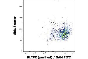 Flow cytometry surface staining pattern of RLTPR transfected cells stained using anti-human RLTPR (EM-53) purified antibody (concentration in sample 9 μg/mL) GAM FITC. (RLTPR Antikörper)