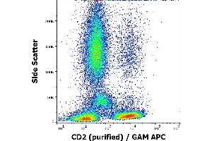 Flow cytometry surface staining pattern of human peripheral blood stained using anti-human CD2 (TS1/8) purified antibody (concentration in sample 4 μg/mL) GAM APC. (CD2 Antikörper)