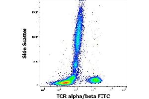 Flow cytometry surface staining pattern of human peripheral whole blood stained using anti-human TCR alpha/beta (IP26) FITC antibody (20 μL reagent / 100 μL of peripheral whole blood). (TCR alpha/beta Antikörper  (FITC))