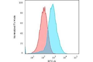 Flow Cytometric Analysis of PFA-fixed HePG2 cells using GRP94 Recombinant Rabbit Monoclonal Antibody (HSP90B1/3168R) followed by Goat anti-Rat- IgG-CF488 (Blue); Isotype Control (Red). (Rekombinanter GRP94 Antikörper)