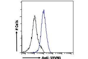 ABIN1590085 Flow cytometric analysis of paraformaldehyde fixed A431 cells (blue line), permeabilized with 0. (SYVN1 Antikörper  (Internal Region))