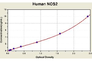Diagramm of the ELISA kit to detect Human NOS2with the optical density on the x-axis and the concentration on the y-axis.