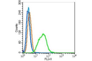 HepG2 cells probed with CD63/MLA1 Polyclonal Antibody, Unconjugated  at 1:100 for 30 minutes followed by incubation with a conjugated secondary (PE Conjugated) (green) for 30 minutes compared to control cells (blue), secondary only (light blue) and isotype control (orange). (CD63 Antikörper  (AA 101-200))