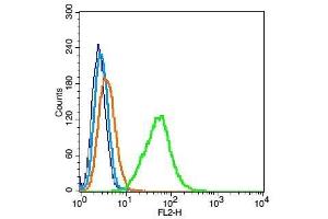 A549 probed with Mesothelin Polyclonal Antibody, Unconjugated  ) at 1:100 for 30 minutes followed by incubation with a conjugated secondary (PE Conjugated) (green) for 30 minutes compared to control cells (blue), secondary only (light blue) and isotype control (orange). (Mesothelin Antikörper  (AA 101-200))