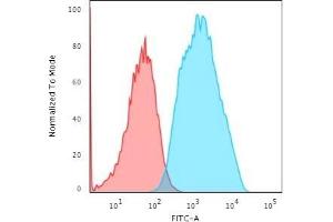 Flow Cytometric Analysis of trypsinised MCF-7 cells using EpCAM Rabbit Recombinant Monoclonal Antibody (EGP40/1556R) followed by Goat anti-Rabbit IgG-CF488 (Blue); Isotype Control (Red). (Rekombinanter EpCAM Antikörper)