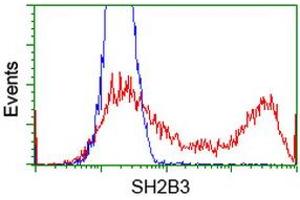HEK293T cells transfected with either RC218359 overexpress plasmid (Red) or empty vector control plasmid (Blue) were immunostained by anti-SH2B3 antibody (ABIN2454462), and then analyzed by flow cytometry. (SH2B3 Antikörper)