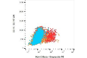 Flow cytometry analysis (surface staining) of HLA-G transfectants (red) compared with K562 cells (orange) and blank (blue), with anti-HLA-G antibody (87G) biotin / streptavidin-PE. (HLAG Antikörper  (Biotin))