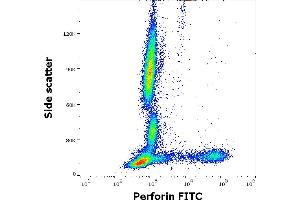 Flow cytometry intracellular staining pattern of human peripheral whole blood stained using anti-human Perforin (dG9) FITC antibody (4 μL reagent / 100 μL of peripheral whole blood). (Perforin 1 Antikörper  (FITC))