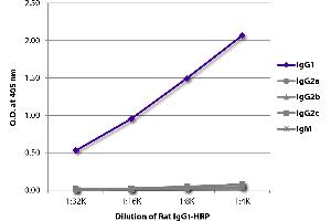 ELISA plate was coated with Mouse Anti-Rat IgG1-UNLB was captured and quantified. (Ratte IgG1 isotype control (HRP))