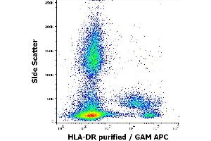 Flow cytometry surface staining pattern of human peripheral whole blood stained using anti-human HLA-DR (L243) purified antibody (concentration in sample 0. (HLA-DR Antikörper)