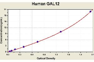 Diagramm of the ELISA kit to detect Human GAL12with the optical density on the x-axis and the concentration on the y-axis.