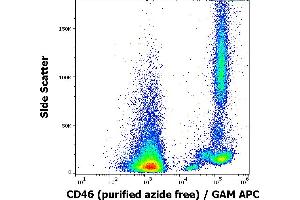 Flow cytometry surface staining pattern of human peripheral blood cells stained using anti-human CD46 (MEM-258) purified antibody (azide free, concentration in sample 0,5 μg/mL) GAM APC. (CD46 Antikörper)