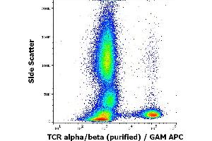 Flow cytometry surface staining pattern of human peripheral whole blood stained using anti-human TCR alpha/beta (IP26) purified antibody (concentration in sample 2 μg/mL, GAM APC).