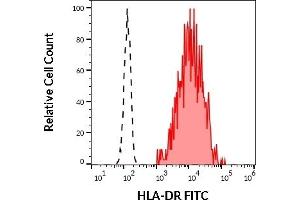 Separation of human HLA-DR positive CD3 negative lymphocytes (red-filled) from neutrophil granulocytes (black-dashed) in flow cytometry analysis (surface staining) of human peripheral whole blood stained using anti-human HLA-DR (MEM-12) APC antibody (20 μL reagent / 100 μL of peripheral whole blood). (HLA-DR Antikörper  (FITC))