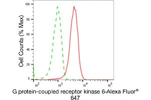 Flow cytometric analysis of G protein-coupled receptor kinase 6 expression in HepG2 cells using G protein-coupled receptor kinase 6 antibody (ABIN7798675), 1:2,000).