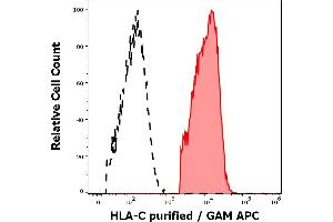 Separation of lymphocytes stained anti-human HLA-C (DT-9) purified antibody (concentration in sample 1,7 μg/mL, GAM APC, red-filled) from lymphocytes unstained by primary antibody (GAM APC, black-dashed) in flow cytometry analysis (surface staining). (HLA-C Antikörper)
