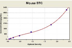 Diagramm of the ELISA kit to detect Mouse BTCwith the optical density on the x-axis and the concentration on the y-axis.