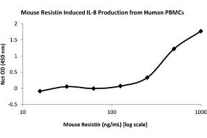 SDS-PAGE of Mouse Resistin Dimer Recombinant Protein Bioactivity of Mouse Resistin Dimer Recombinant Protein. (Resistin Dimer Protein)