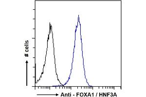 ABIN185021 Flow cytometric analysis of paraformaldehyde fixed MCF7 cells (blue line), permeabilized with 0.