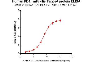 ELISA plate pre-coated by 2 μg/mL (100 μL/well) Human PD1, mFc-His tagged protein (ABIN6961098) can bind Anti-PD-1 Neutralizing antibody in a linear range of 0.