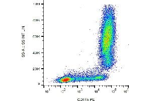 Flow cytometry analysis (surface staining) of human peripheral blood with anti-human CD11b (MEM-174) PE. (CD11b Antikörper  (PE))