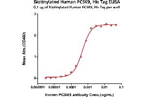 Immobilized Biotinylated Human PCSK9, Avitag,His Tag (ABIN2444172,ABIN2444171) can bind PCSK9 Mab, Human IgG with a linear range of 0.