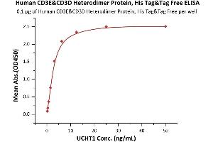 Immobilized Human CD3E&CD3D Heterodimer Protein, His Tag&Tag Free (ABIN6973000) at 1 μg/mL (100 μL/well) can bind UCHT1 with a linear range of 0. (CD3D & CD3E (AA 23-126) (Active) protein (His tag))