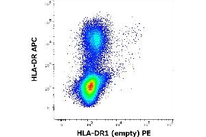 Flow cytometry multicolor surface staining pattern of human peripheral whole blood stained using anti-human HLA-DR1-empty (MEM-267) PE antibody (concentration in sample 9 μg/mL) and anti-human HLA-DR (L243) APC antibody (10 μL reagent / 100 μL of peripheral whole blood). (HLA-DR1 Antikörper  (PE))