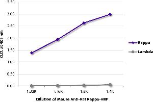 ELISA plate was coated with purified rat IgG1κ, IgG2aλ, IgG2aλ, IgG2bκ, IgG2bλ, IgG2cκ, IgMκ, and IgMλ. (Maus anti-Ratte Ig (Chain kappa) Antikörper (HRP))