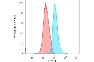 Flow Cytometric Analysis of trypsinized MeOH-fixed HeLa cells using Cytokeratin 14 Mouse Monoclonal Antibody (LL002) followed by Goat anti-Mouse IgG-CF488 (Blue); Isotype Control (Red). (KRT14 Antikörper  (C-Term))