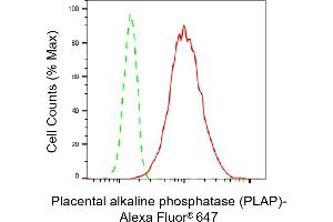 Flow cytometric analysis of Placental alkaline phosphatase (PLAP) expression in HepG2 cells using Placental alkaline phosphatase (PLAP) antibody (ABIN7799844), 1:2,000).